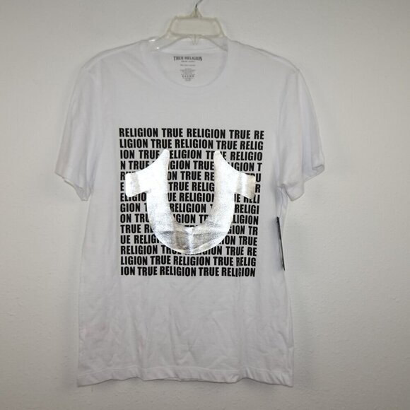 True Religion T-Shirt Men's Size S White Horseshoe Spell Out Logo Cotton - Picture 2 of 6